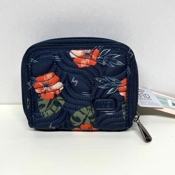 Lug Splits Compact RFID Wallet Aloha Navy Double Zip Accordion New - Picture 1 of 6